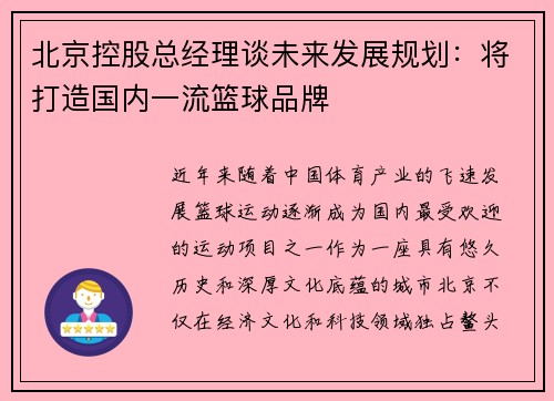 北京控股总经理谈未来发展规划：将打造国内一流篮球品牌