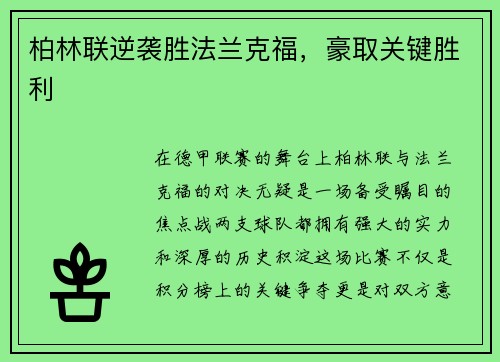 柏林联逆袭胜法兰克福，豪取关键胜利